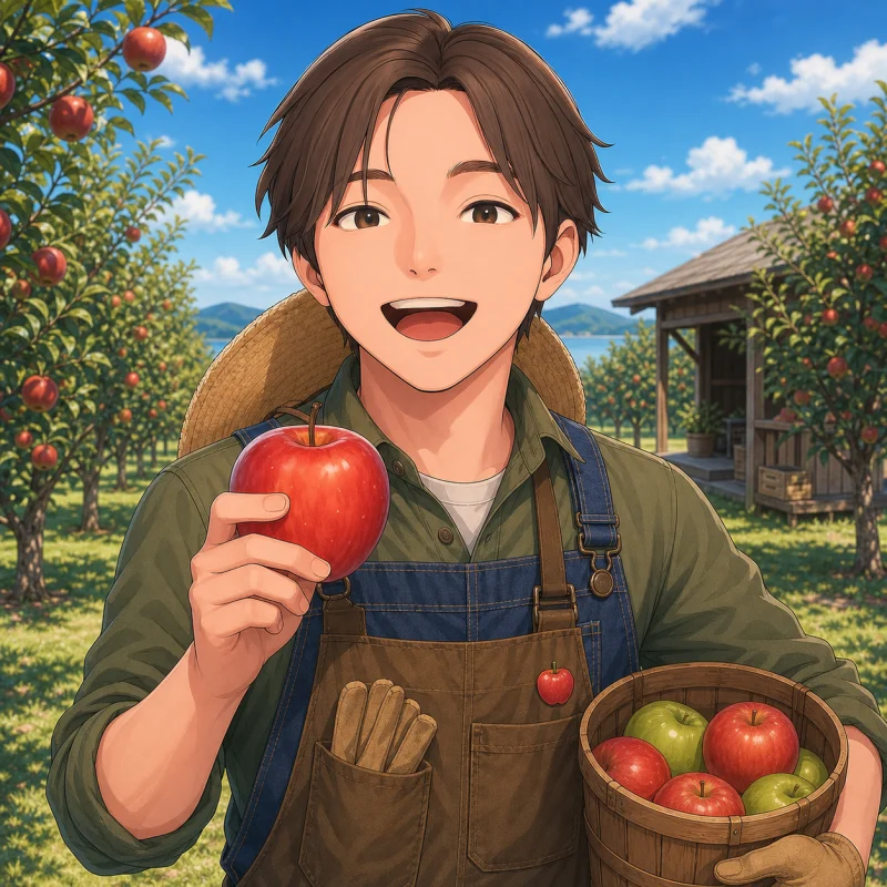 りんご畑で農作業着を着て、収穫したりんごを手にする島主かなめ🍎